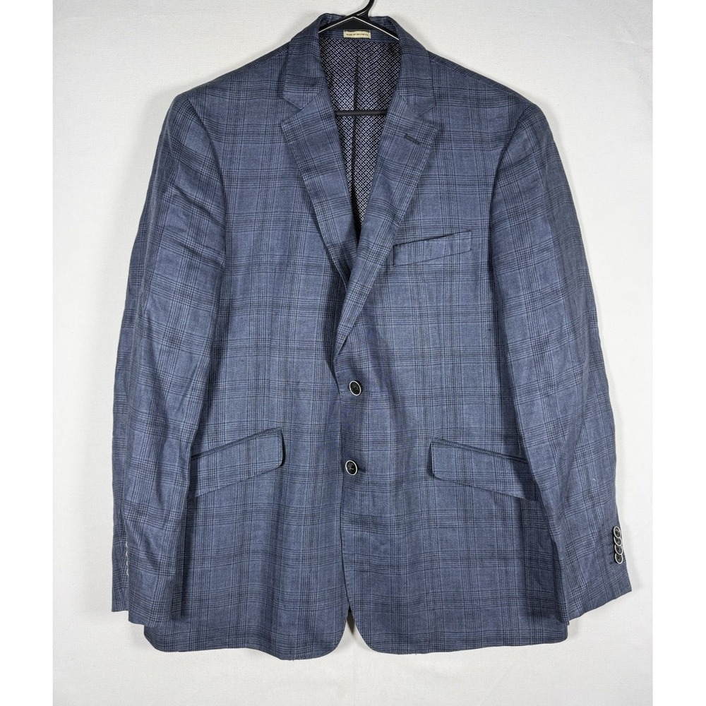 Joseph Abboud Blazer Mens 42R Blue Glen Plaid 100% Linen Slim Fit Sport Coat